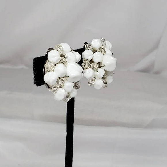 Vintage White Milk Glass Beaded Clip-On Earrings Made In Germany - Picture 2 of 6